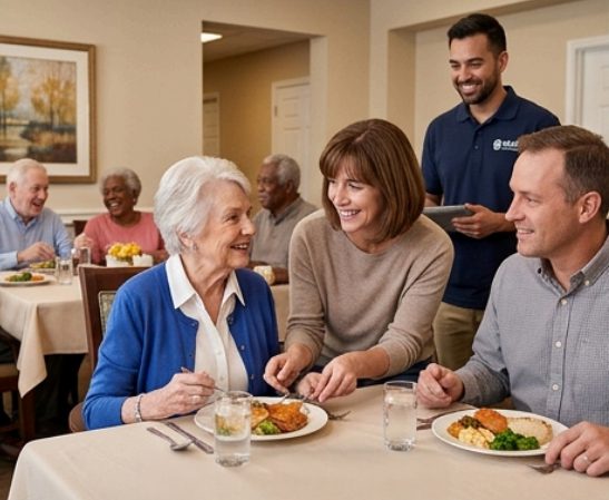 Senior residents and younger family members share a joyful meal in a cozy dining area, served by a smiling staff member. The atmosphere is warm and friendly.