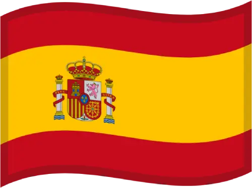 The image shows the Spanish flag with red and yellow horizontal stripes and a central coat of arms featuring a royal shield and crown.
