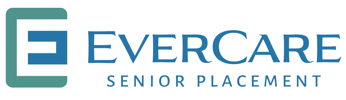 Logo for EverCare Senior Placement with a stylized "E" in a teal square, and the company name in blue text on a black background.