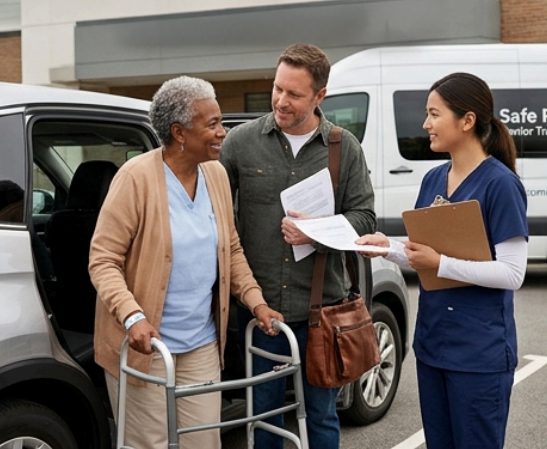 Elderly woman with a walker and a middle-aged man stand outside a hospital. A nurse smiles, handing them discharge papers. The mood is positive and supportive.