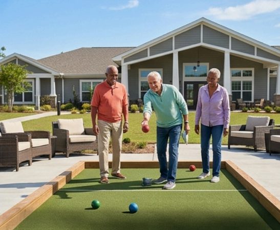 Three older adults play bocce ball on a sunny day, smiling and enjoying themselves. The setting is a well-maintained community courtyard.