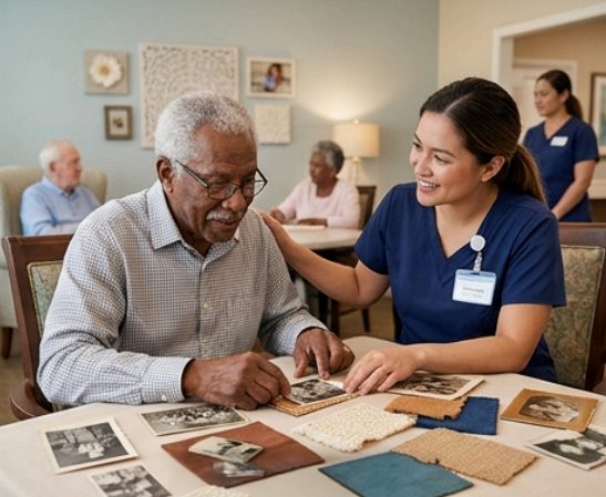 Senior man engaging with memory care activities with a caregiver at a table, surrounded by photos and fabric swatches. Warm, supportive atmosphere.