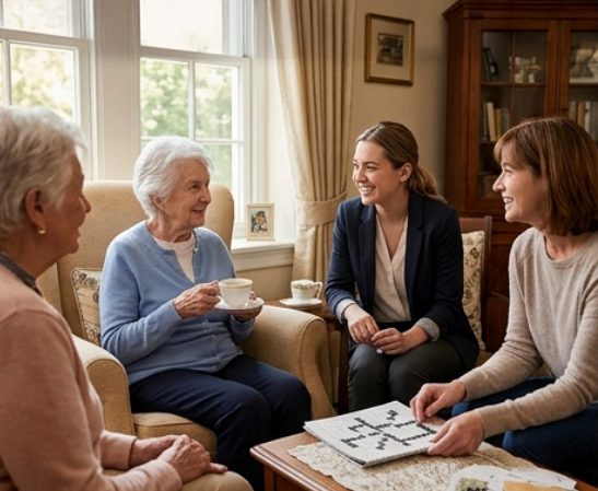 Four women sit together in a cozy living room, smiling and conversing. Two women are elderly, one holding a teacup. A crossword puzzle is on the table. The atmosphere is warm and friendly.